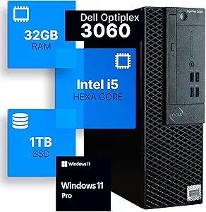 Dell Optiplex 3060 Desktop Computer | Intel i5-8500 (3.2) | 32GB DDR4 RAM | 1TB SSD Solid State | Windows 11 Professional | Home or Office PC (Renewed)