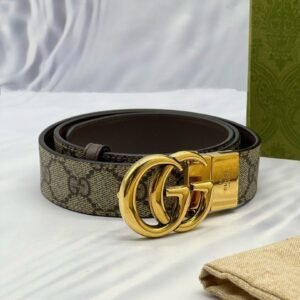 (LIKE NEW) GUCCI MARMONT REVERSIBLE BELT SIZE 80/32 IN BEIGE GG SUPREME CANVAS AND DARK BROWN CALFSKIN LEATHER -FULL SET-